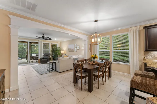 a view of a dining room with furniture window and outside view