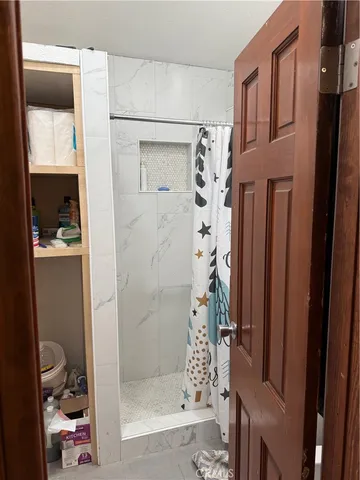 a bathroom with a shower and a toilet