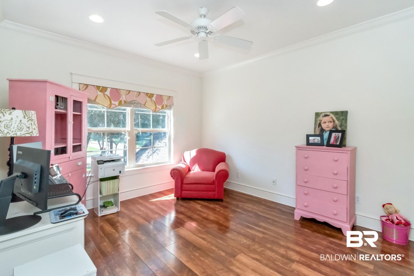 8868 Dawes Lake Road South Mobile, AL 36619 - Photo 27 of 35 Home office featuring ornamental molding, ceiling fan, and dark hardwood / wood-style flooring