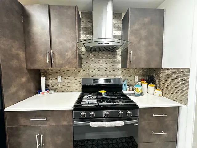 a kitchen with a stove and a cabinets