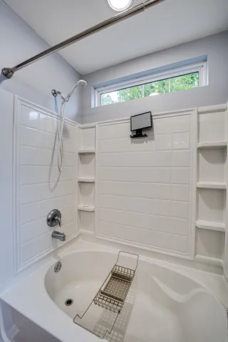 a bathroom with a tub