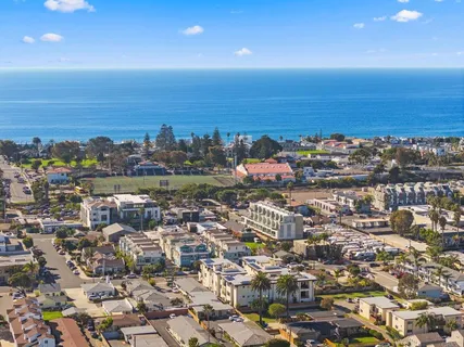 an aerial view of residential houses with city view