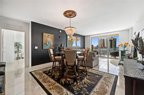 a view of a dining room with furniture