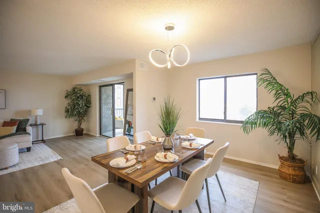 a view of a dining room with furniture and wooden floor