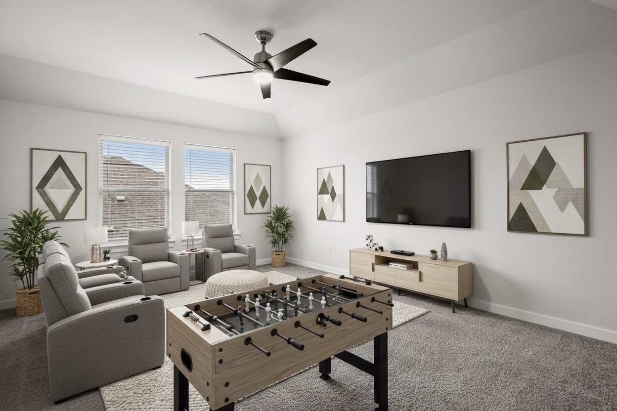 841 Spinnaker Loop Kyle, TX 78640 - Photo 6 of 40 Living room featuring carpet flooring, ceiling fan, and vaulted ceiling