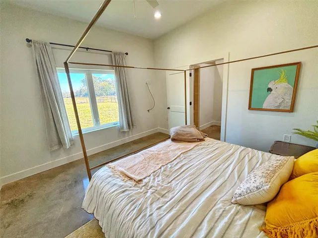 a bedroom with a bed and walk in closet