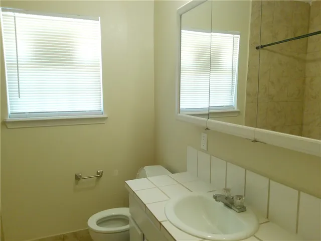 a bathroom with a sink a toilet and a mirror