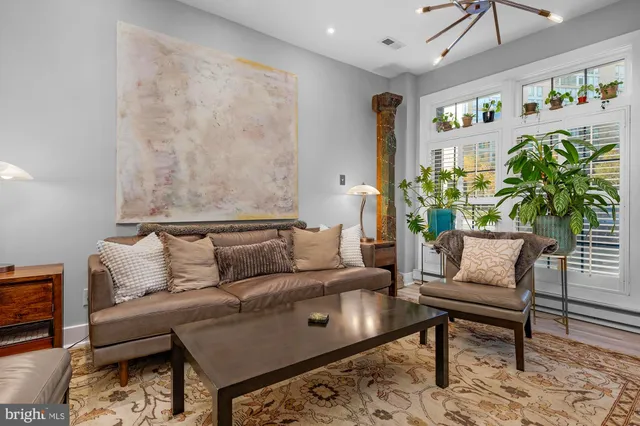 a living room with furniture and a potted plant