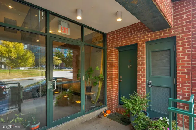 a front view of a building with a glass door