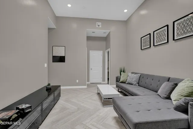 a living room with furniture and a potted plant