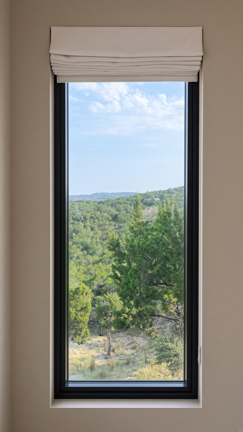 19005 White Rim Trail Jonestown, TX 78645 - Photo 27 of 39 A tall, narrow picture window frames peaceful views of the surrounding green hillsides.