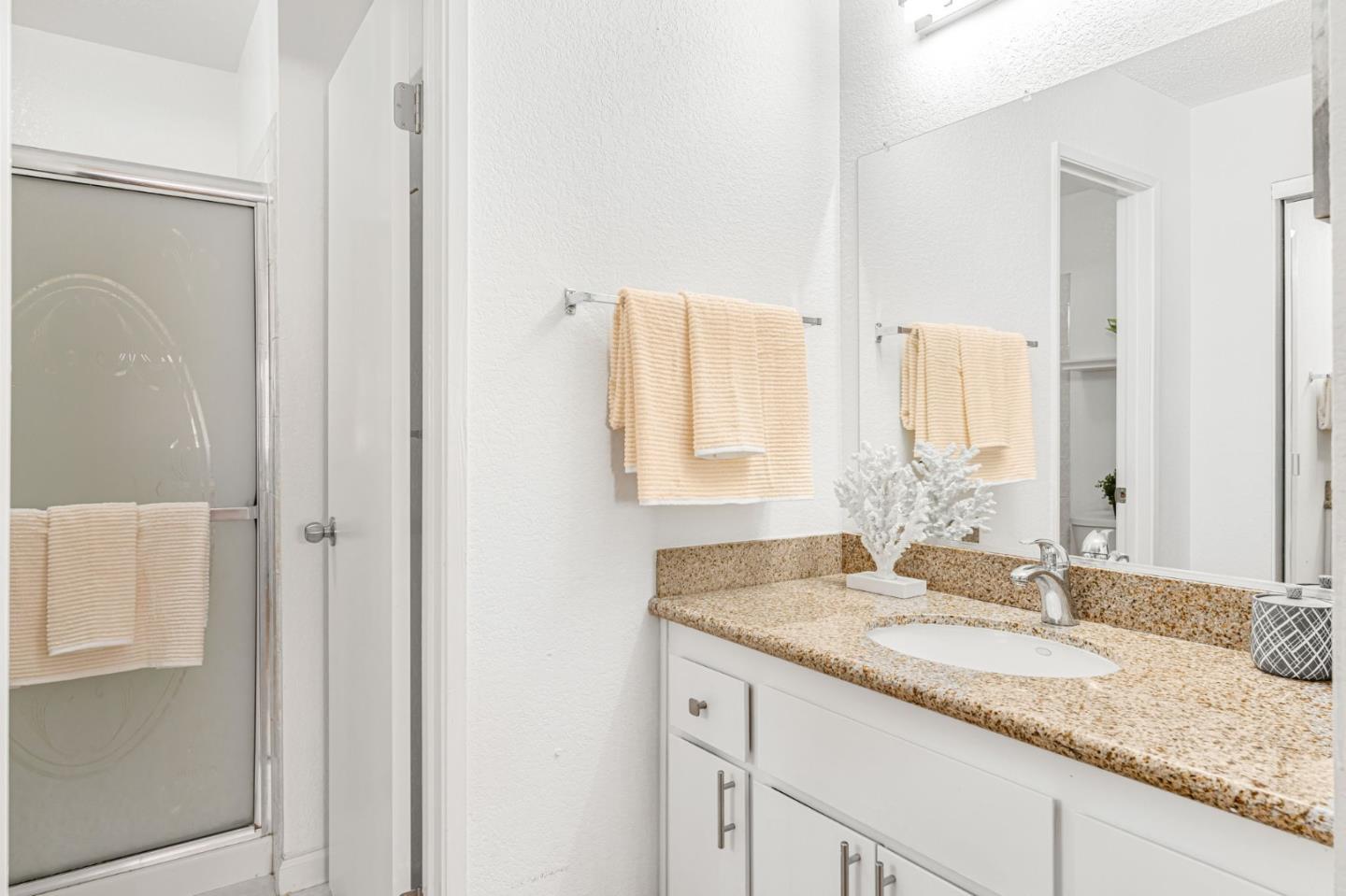 131 Wenatchee Common, Unit 14 Fremont, CA 94539 - Photo 16 of 30 a bathroom with a granite countertop sink and a mirror