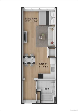 a picture of a bathroom with a bench and mirror