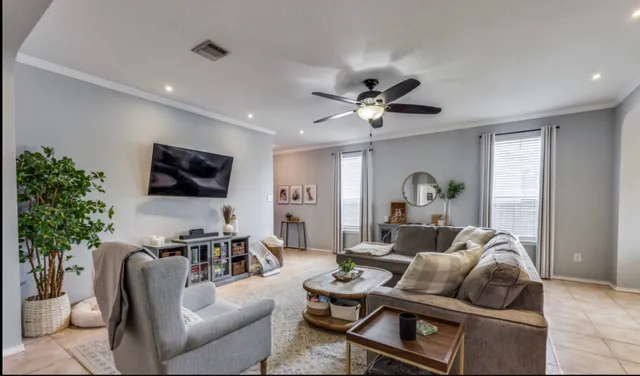 a living room with furniture a flat screen tv and a potted plant