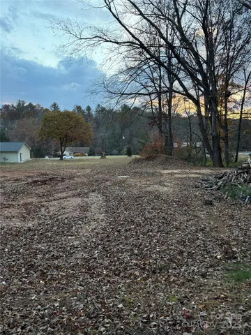 a view of dirt yard with large trees