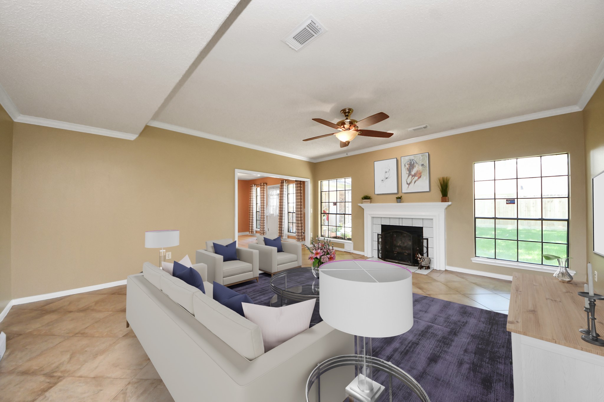 3107 Dulaney Road Houston, TX 77084 - Photo 9 of 50 a living room with furniture a fireplace and a large window