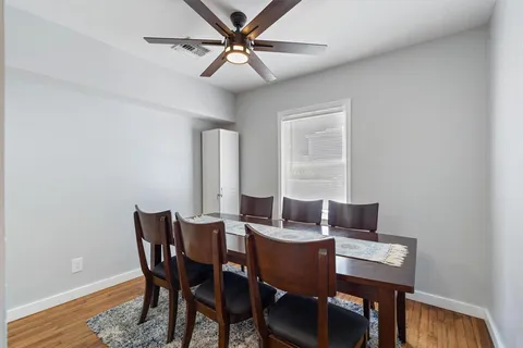 a view of a dining room with furniture
