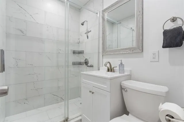a bathroom with a toilet sink vanity shower and mirror