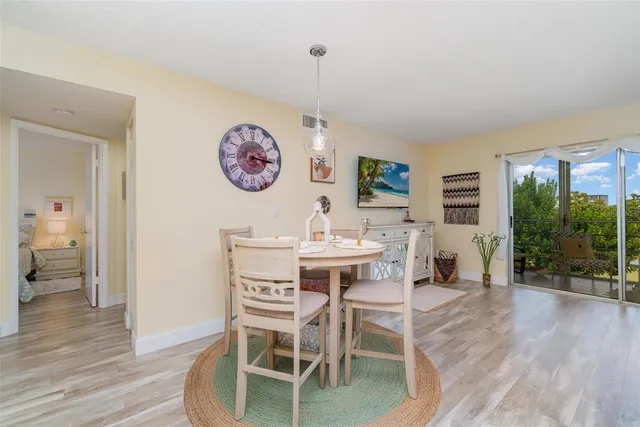 a view of a dining room with furniture window and wooden floor