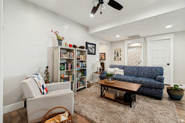 332 South 500 West Payson, UT 84651 - Photo 45 of 50 Accessory Apartment living area featuring recessed lighting, a ceiling fan, wood style lvp flooring, and white trim