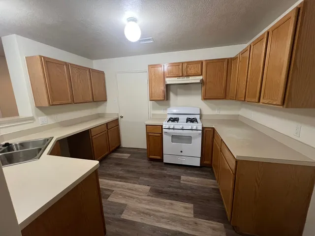 a kitchen with a stove and a sink