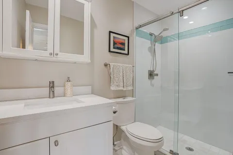 a bathroom with a sink a toilet and a shower