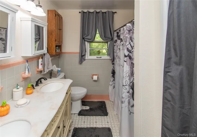 a bathroom with a granite countertop sink a toilet and shower curtain