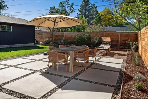 a view of a backyard with sitting area