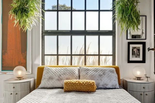 a living room with furniture and a potted plant