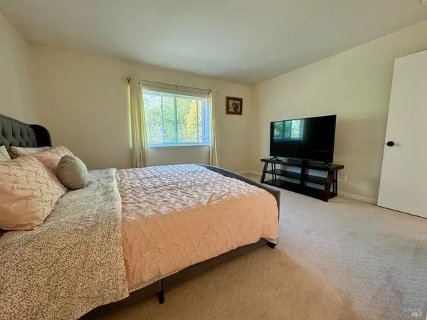 a bedroom with a bed and a television in it