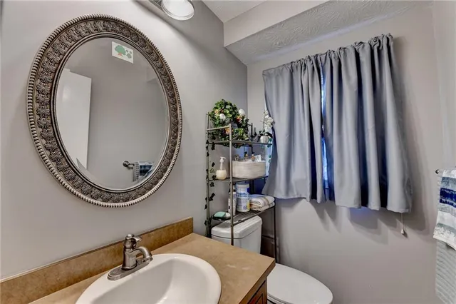 a bathroom with a toilet a sink and a mirror