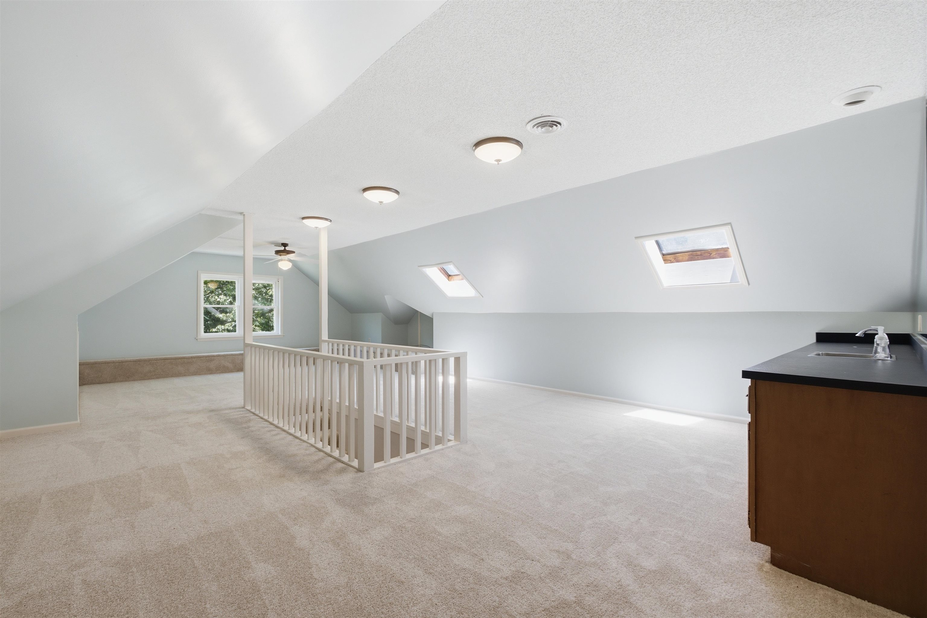1370 North Reid Hooker Road Eads, TN 38028 - Photo 34 of 39 Spacious carpeted room featuring sloped ceilings, two skylights, and a built-in wet bar with dark countertops and an undermount sink