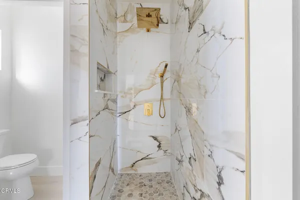 a bathroom with a shower and a toilet