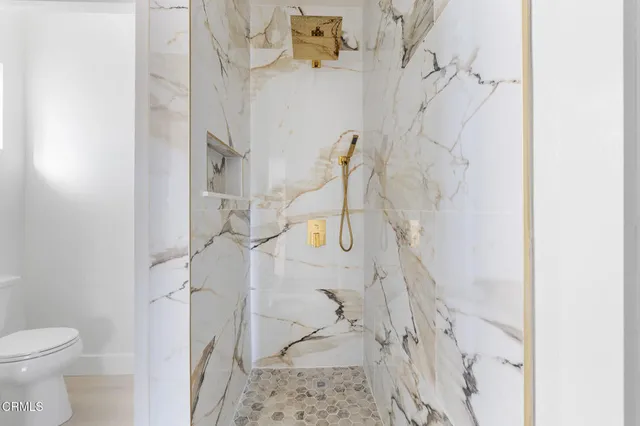 a bathroom with a shower and a toilet