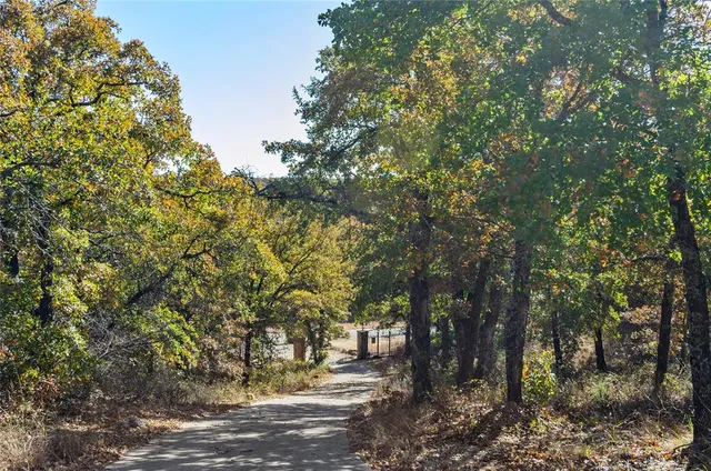 a view of a yard with wooden fence
