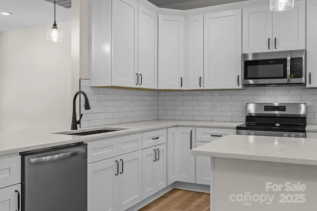 a kitchen with appliances a sink and cabinets