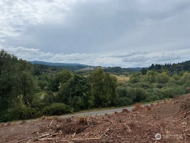 a view of a road with mountains in the background