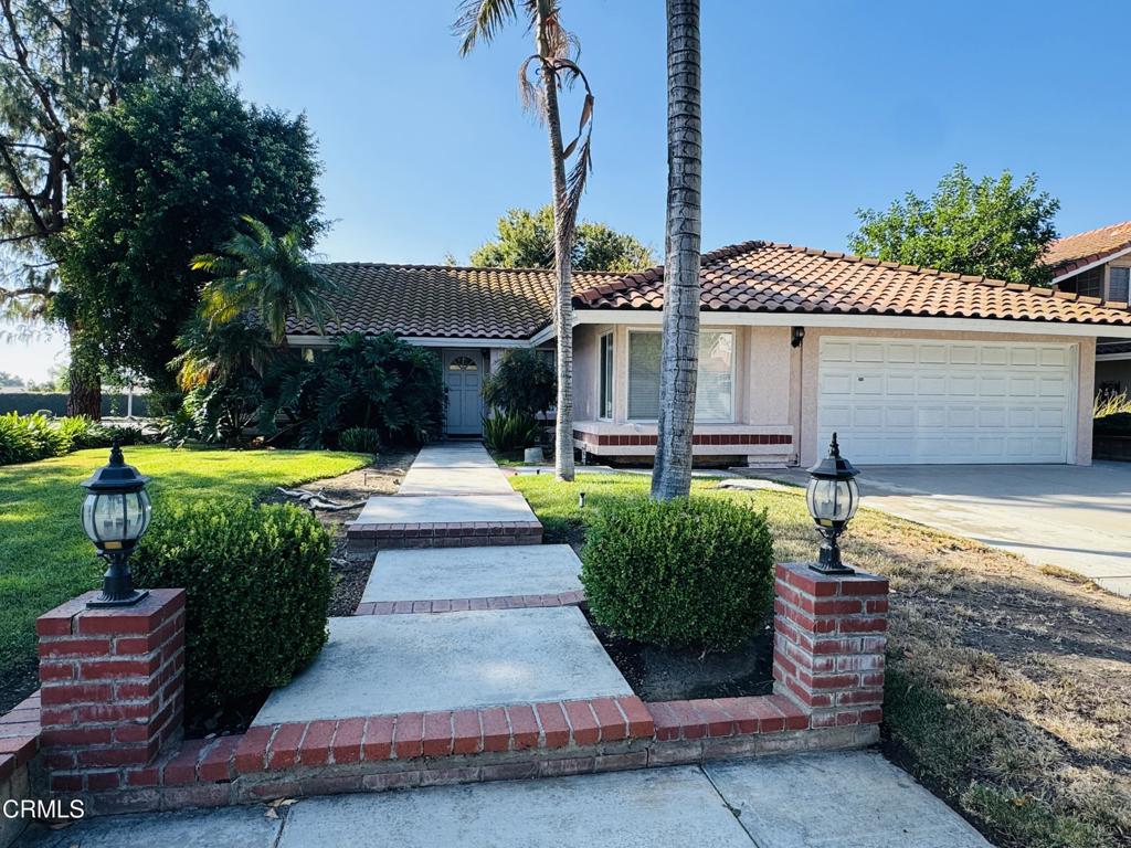 a view of a house with a yard potted plants