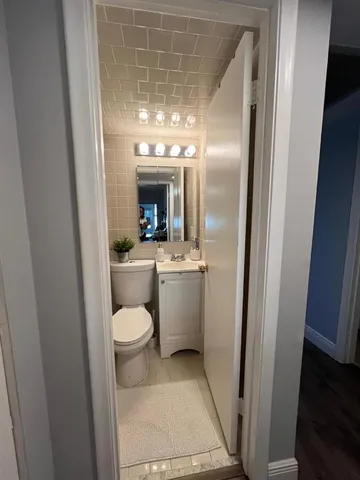 a bathroom with a sink a toilet and a mirror