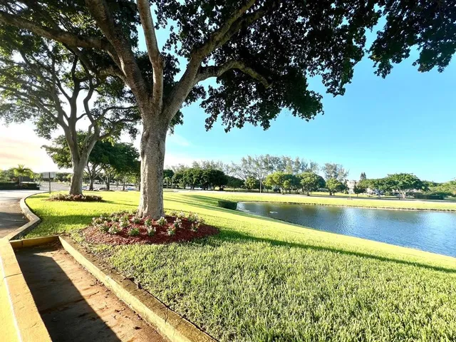 a view of lake with green space