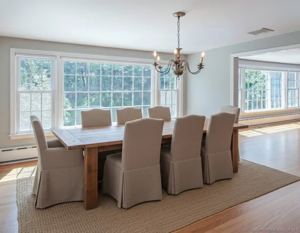 a view of a dining room with furniture window and outside view