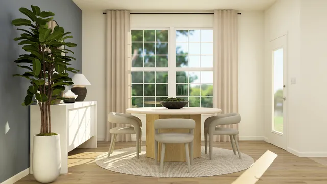 a dining room with furniture potted plants and wooden floor
