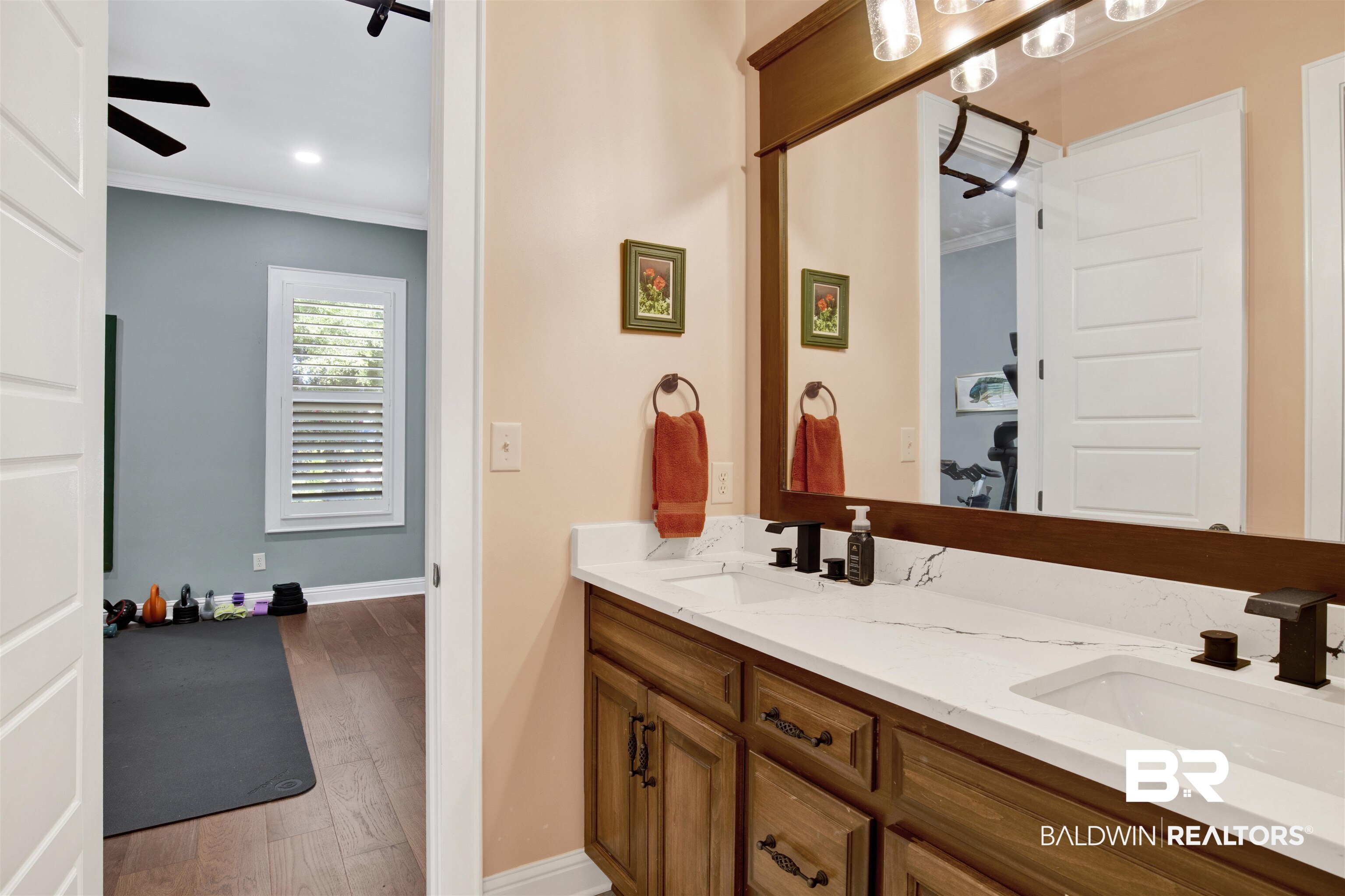11116 Redfern Road Daphne, AL 36526 - Photo 31 of 46 Bathroom featuring ornamental molding, double vanity, light wood-style floors, and recessed lighting