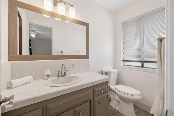 a bathroom with a sink a toilet and a mirror