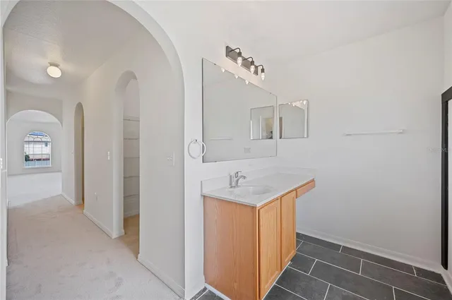 a bathroom with a sink a vanity and a mirror