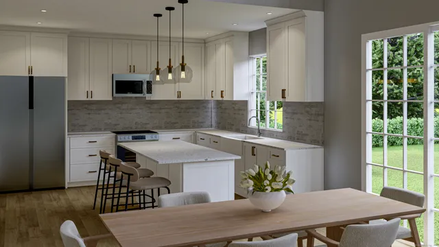 a kitchen with stainless steel appliances a kitchen island a stove a table and a chandelier
