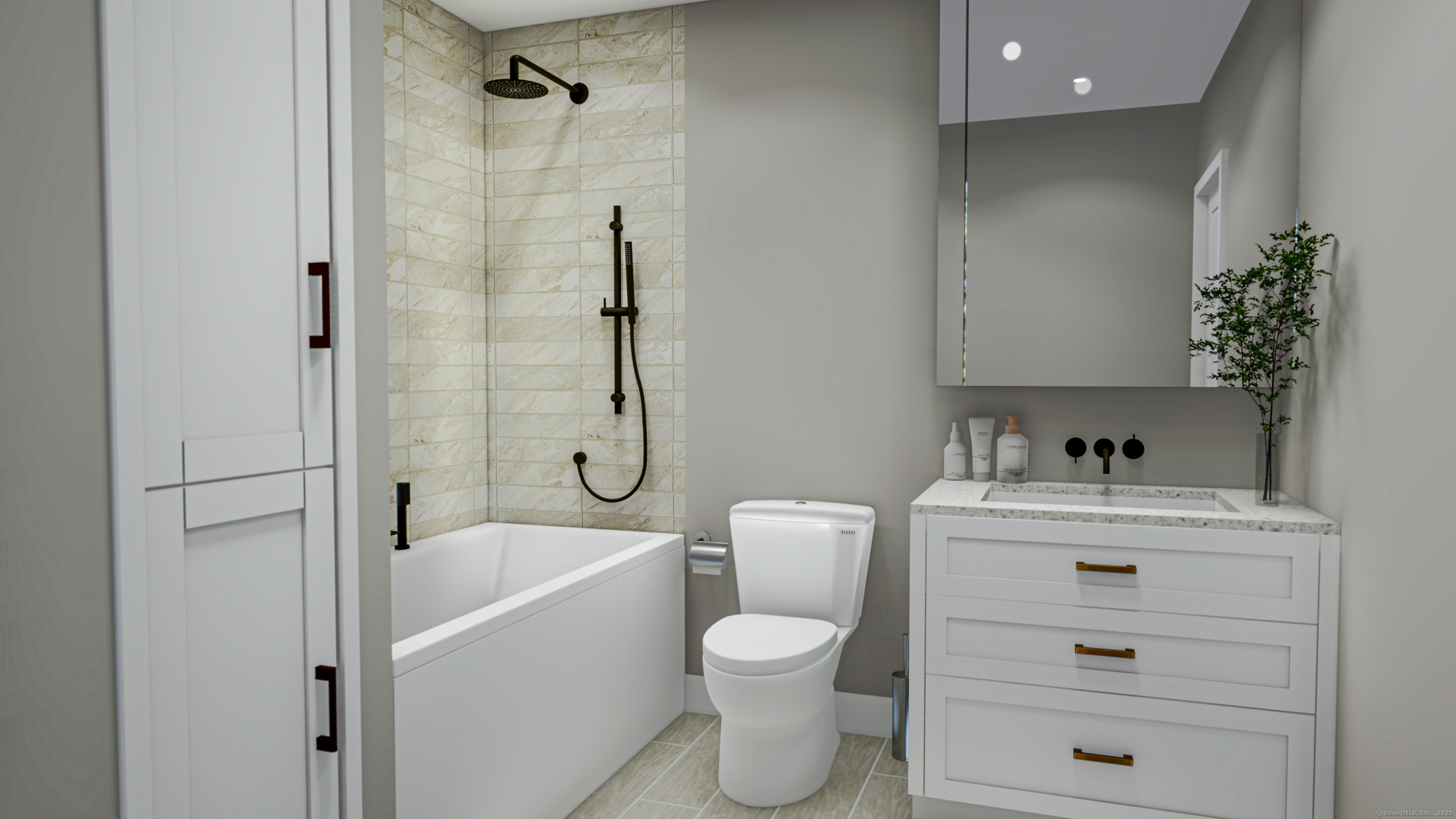 180 Bee Street Meriden, CT 06450 - Photo 25 of 25 a bathroom with a granite countertop toilet a sink and a bathtub