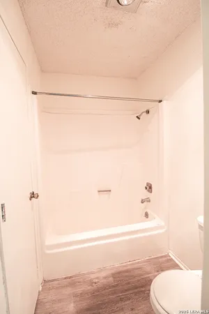 a bathroom with a shower and a toilet