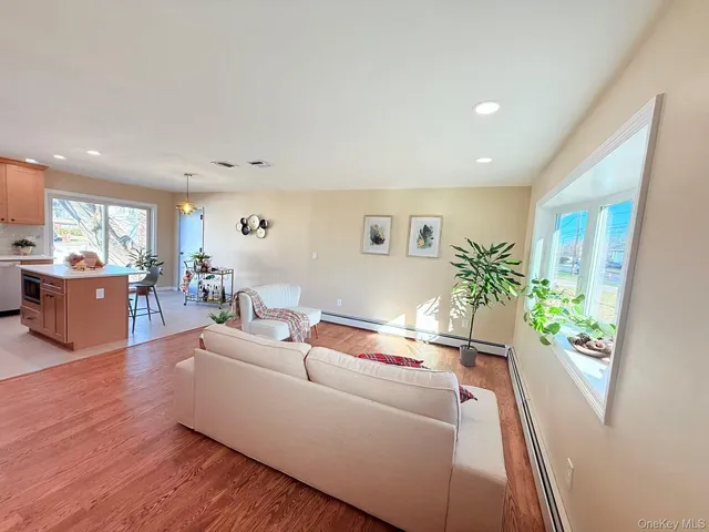 a living room with furniture and a potted plant
