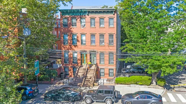 a city view with tall buildings